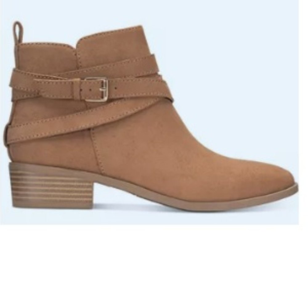 Sun + Stone Saandis Tan Slender Buckle Straps Block Heel Inner Ankle Zip Booties